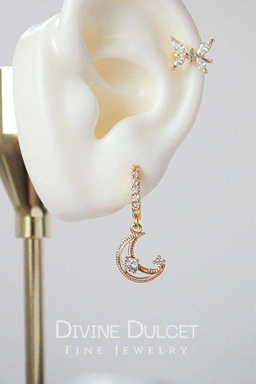 Brincos Argola com Lua e Zircónia Cúbica Banhados a Ouro 24 Quilates