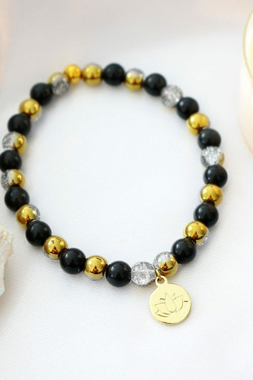 Pulseira Elástica de Obsidiana | Pingente de Flor de Lótus Banhado a Ouro 24K