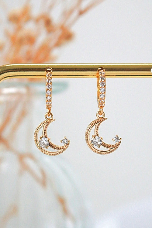 Brincos Argola com Lua e Zircónia Cúbica Banhados a Ouro 24 Quilates